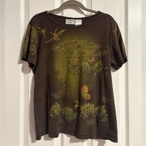 Vintage Y2K Garden of Eden Brown Short Sleeve Tee with Rhinestone Details